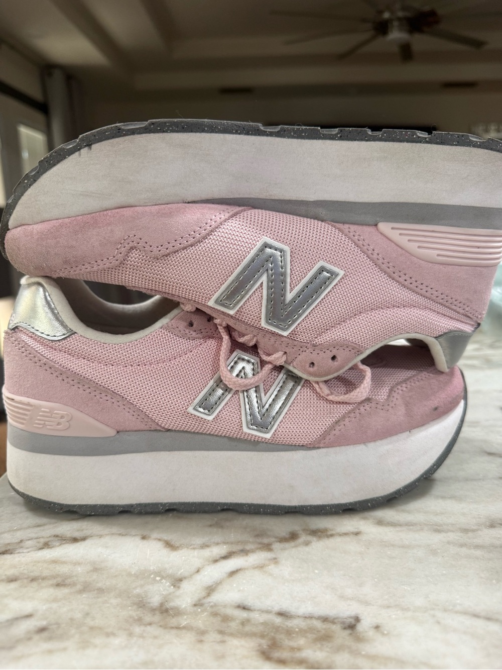 New Balance Women’s Dusty Pink Platform Sneakers with Silver Accents